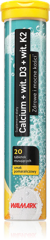 Comprimidos efervescentes de suplemento alimentar Walmark com cálcio, vitamina D3 e vitamina K2 para auxiliar na saúde óssea e dentária.