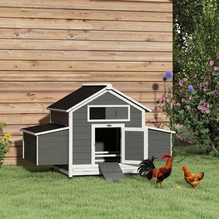 Poulailler - PawHut - pour 4 poules - pondoir, toit imperméable ouvrable, tiroir amovible - bois de sapin - 150x100x96,5cm - gris