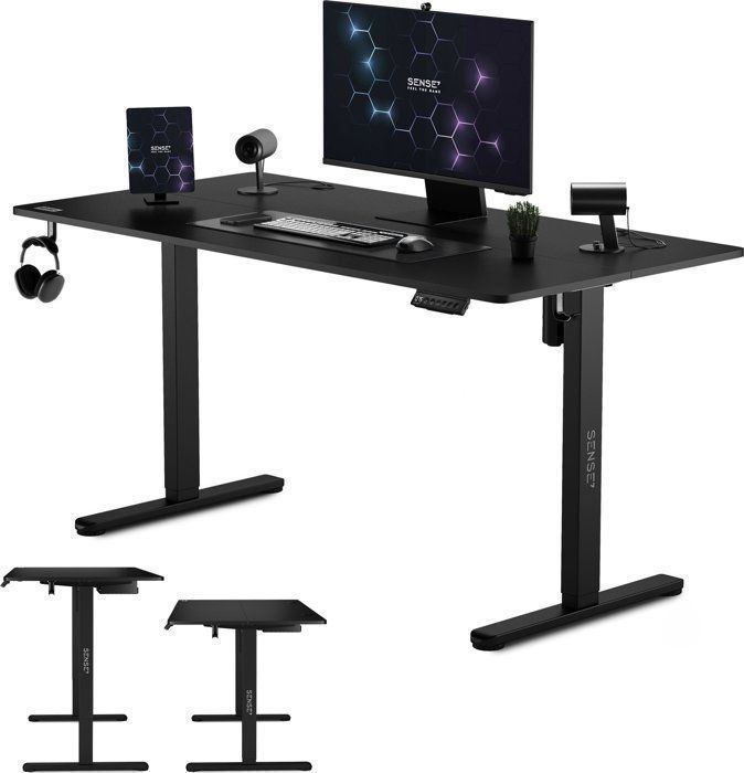 SENSE7 NOJO Elektrisch bureau 140x70 cm, Staand bureau met geheugen, Stille hoogteverstelling, Gamingbureau met haken, Zwart