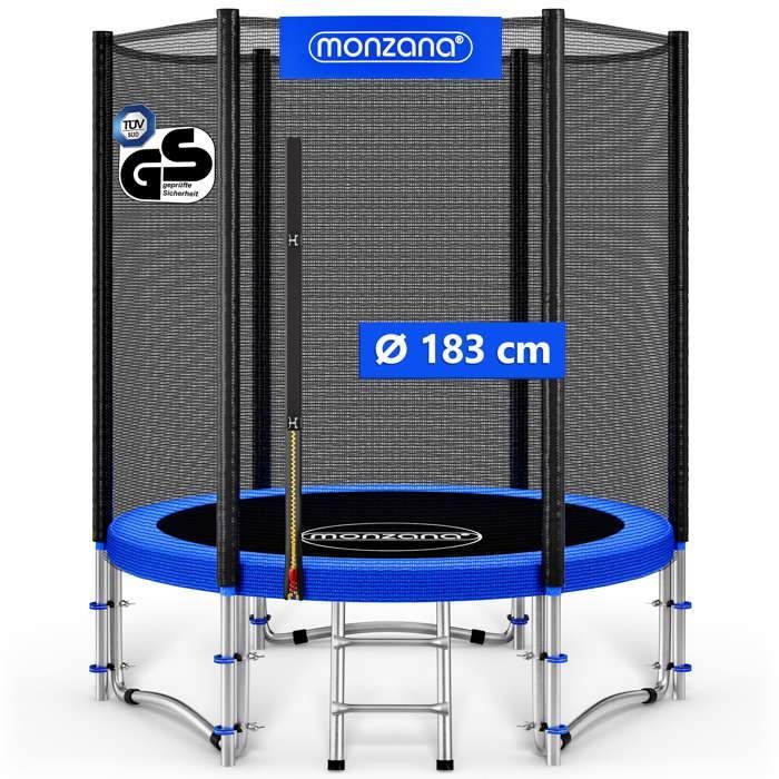 Cama elástica redonda para exteriores Monzana Ø183cm Máx. 50kg. Incluye red de seguridad, puerta de entrada, escalera y postes. Ideal para jardín.