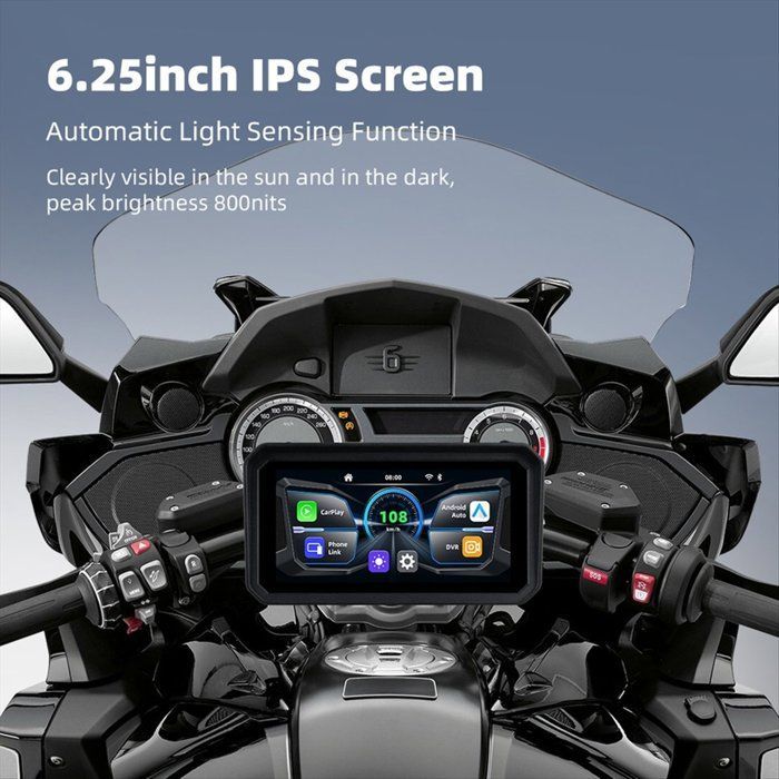 Pantalla de navegación digital portátil de 6,25 pulgadas para salpicadero de motocicleta, monitor inalámbrico con CarPlay y Android Auto.