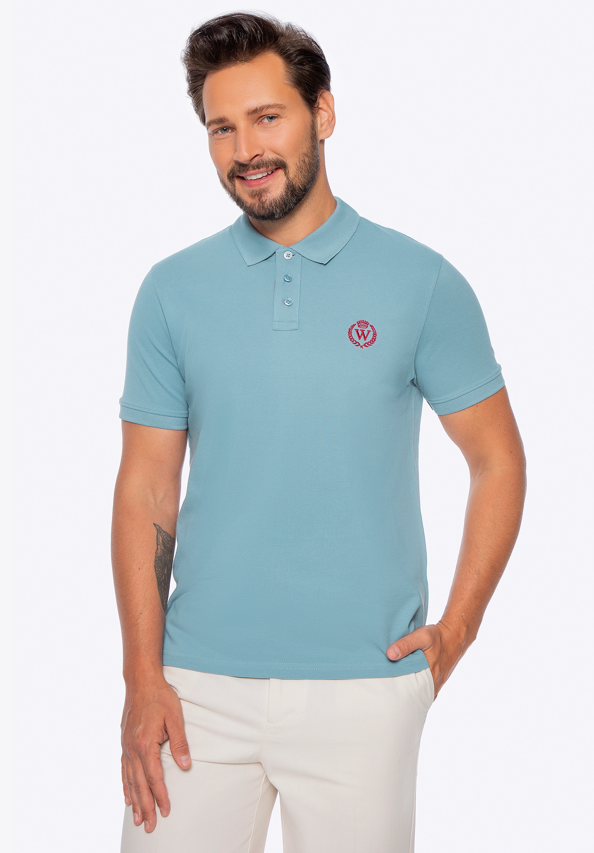 Koszulka polo męska bawełniana z kolorowym logo niebieska