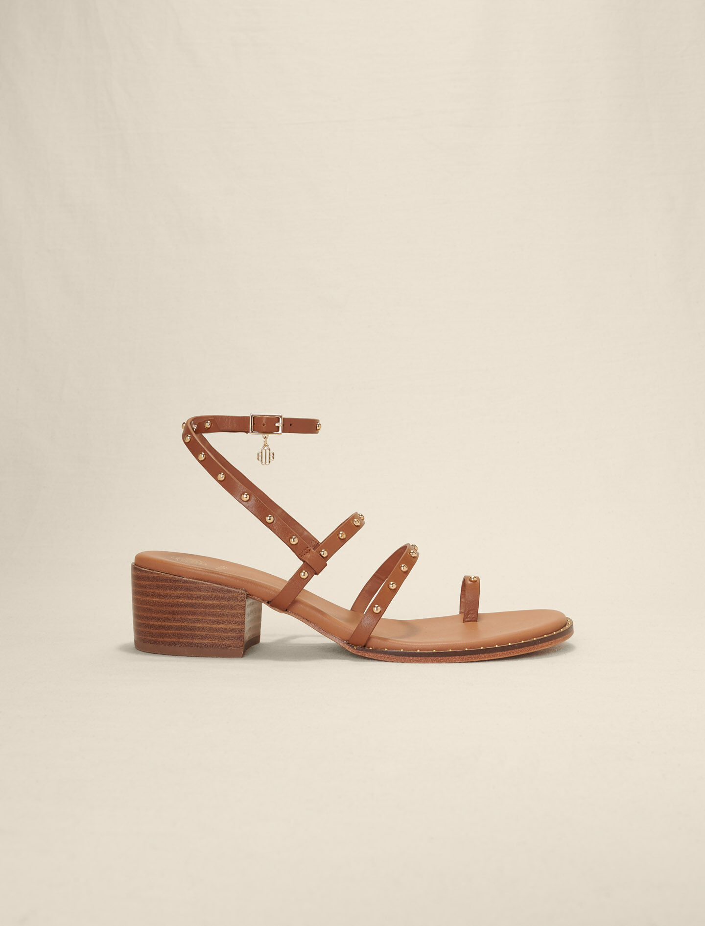 Leren sandalen met bandjes en studs - Camel