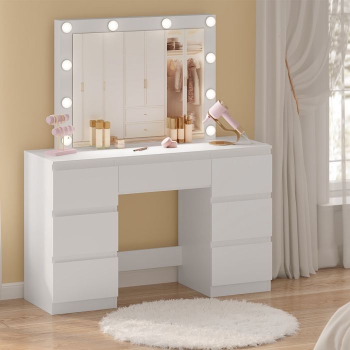 Coiffeuse avec Multiprise - WOLTU Table de Maquillage 7 Tiroirs- Miroir LED Réglable - Espace extra-large - Blanc
