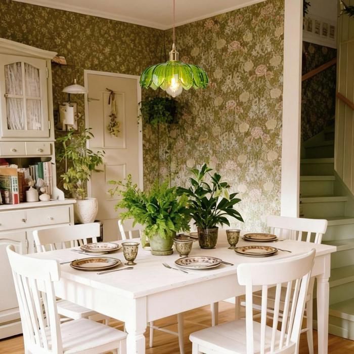iDEGU Lustre Vintage Vert,Lampe de Plafond Vintage Abat-jour en Verre Design Fleurs E27 Suspension Luminaire Style Nordique,25cm