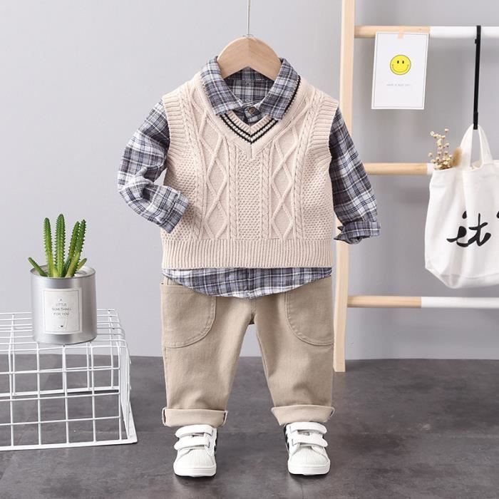 Conjuntos de ropa de algodón para primavera y otoño para niños y niñas, 3 piezas (camisa y pantalón), color beige.