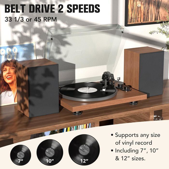 Platine Vinyle Hi-Fi Bluetooth, Enceintes Étagère 40W, Plateau Aluminium, 2 Vitesses, Préampli AT-3600L, Marron