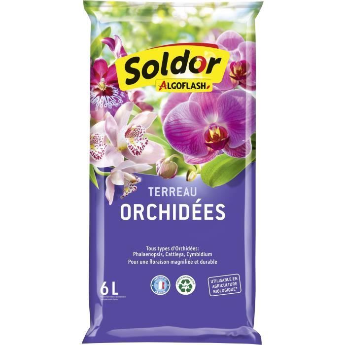 ALGOFLASH Terreau Orchidées 6 L - Terreau spécifique - Ecorces de pin - Engrais NPK - 6 l