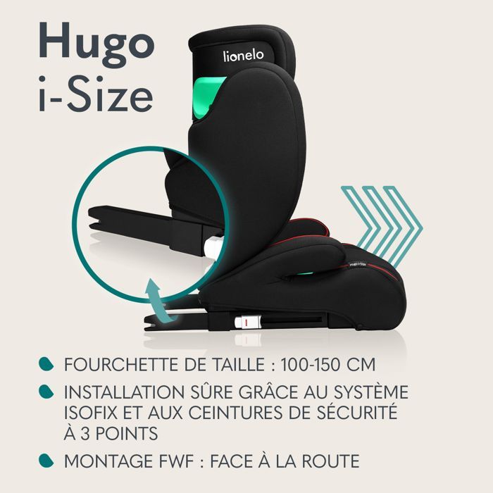 Seggiolino auto convertibile LIONELO Hugo i-Size - ISOFIX - 100-150 cm - Gruppo 2/3 - Poggiatesta regolabile in altezza - Nero-Rosa