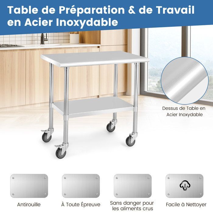 Mesa de trabajo de cocina COSTWAY de 2 niveles de acero inoxidable con 4 ruedas de poliuretano, estante inferior ajustable y capacidad de carga de 250 kg.