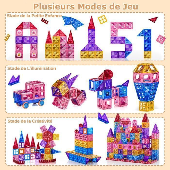 KUKUFUN Blocs magnétiques 142 pièces STEM éducatif 3-8 ans avec voiture ABS sûr