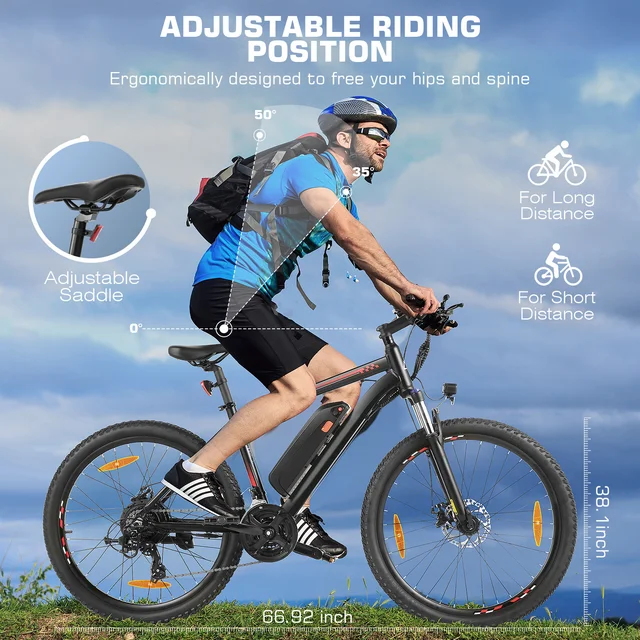Funcid sähköpyörä, sähköpyörä aikuisille 27.5 EBike 500W aikuisten sähköpyörä, 19.8MPH sähkömaastopyörä, 48V 10.4Ah akku