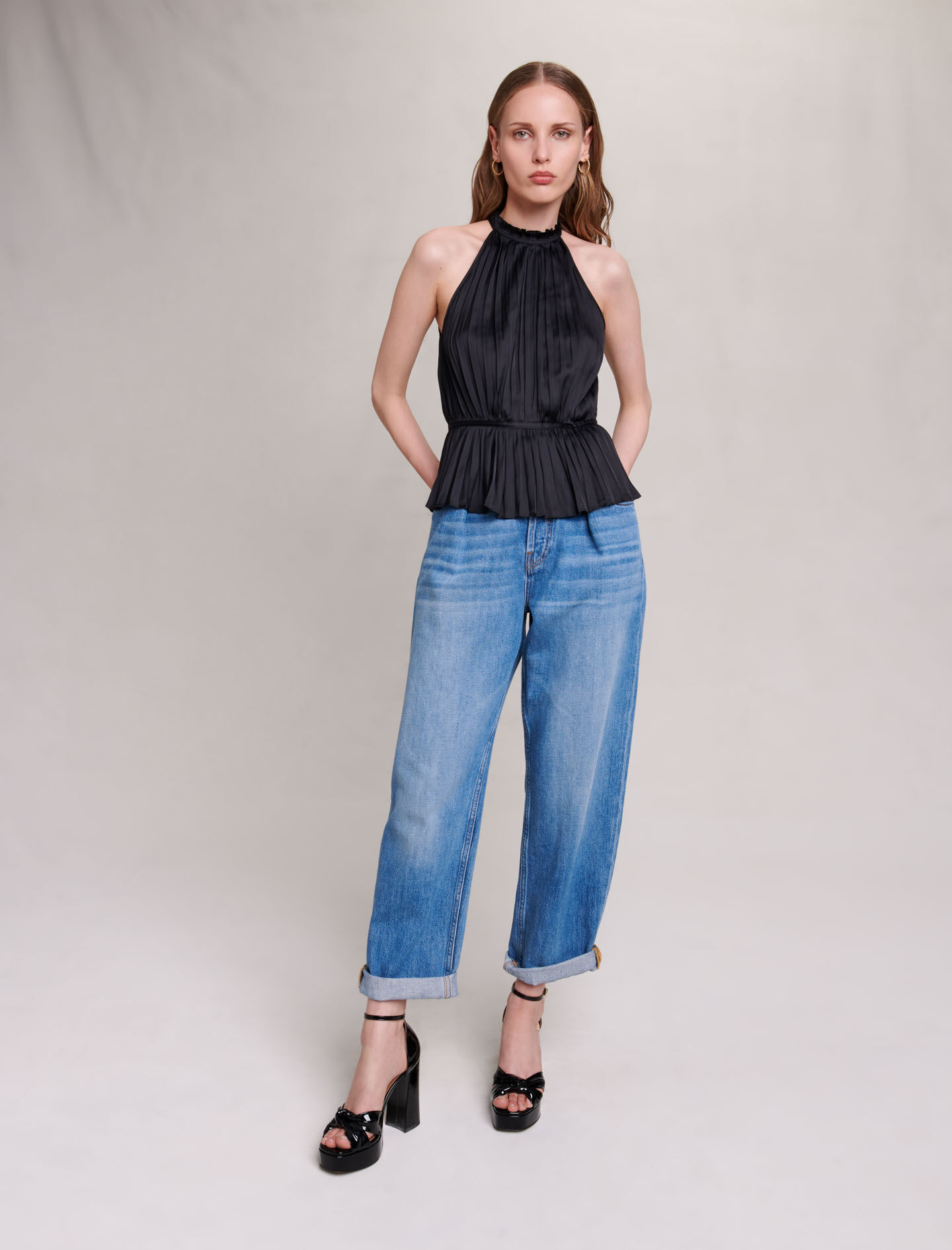 Top van satijn met plooien - Zwart