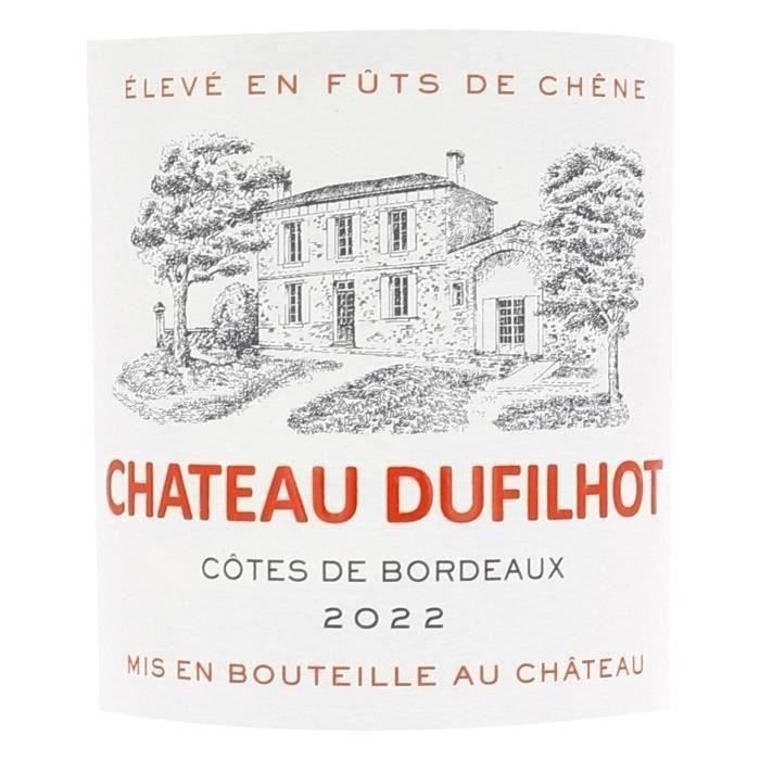 Château Dufilhot 2023 Côtes de Bordeaux - Vino tinto, caja de 6 botellas en estuche de madera.