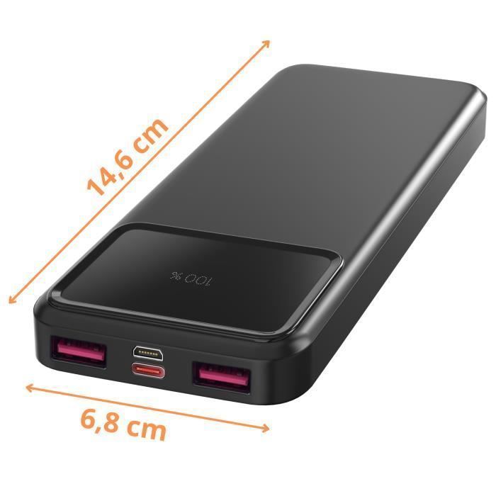 Batería externa de 10000 mAh con carga rápida USB, USB-C y micro-USB y pantalla LED - Phonillico®