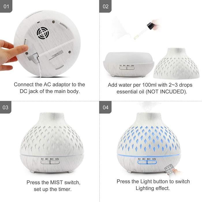 Difusor de aceites esenciales y humidificador ultrasónico AISTUO de 400 ml — 7 LED, blanco