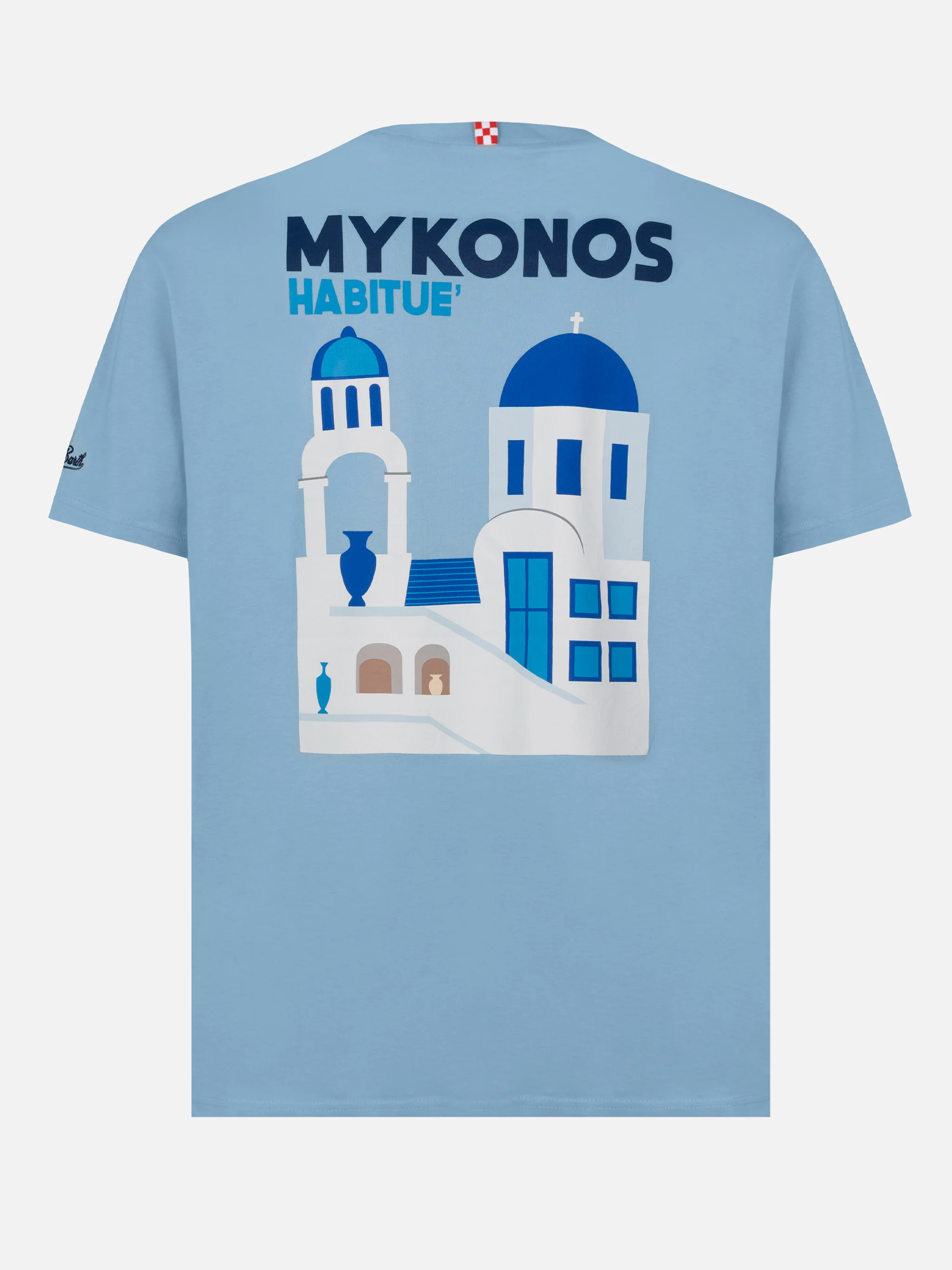 T-shirt en coton pour homme avec imprimé carte postale de Mykonos