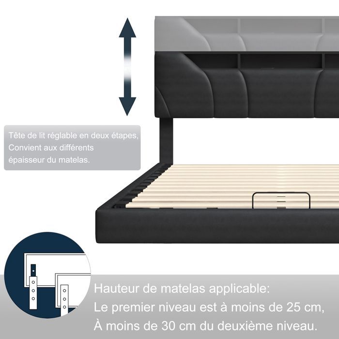Double Bed 160x200 - LED Lighting - Reinforced Slatted Base - Storage Compartment - Modern Design