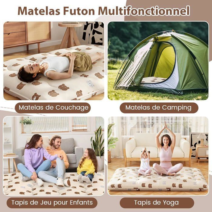Colchón futón japonés COSTWAY 140x200CM - Cubrecolchón extraíble, colchón plegable para suelo - Hogar, autocaravana, dormitorio - Oso marrón
