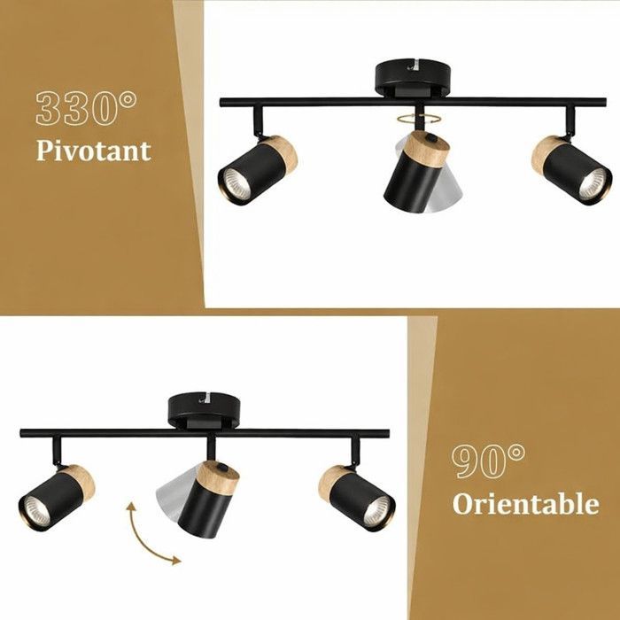 Homefire Plafonnier 3 GU10 Spot Bois - Vintage Noir Spot de plafond Orientable 330° Spot pour salon cuisine hall