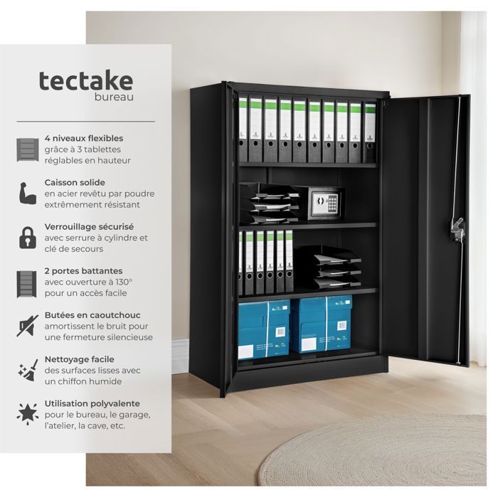 Office storage - TECTAKE - Metal filing cabinet with 3 adjustable shelves and 2 keys - 90 cm x 40 cm x 140 cm - Black