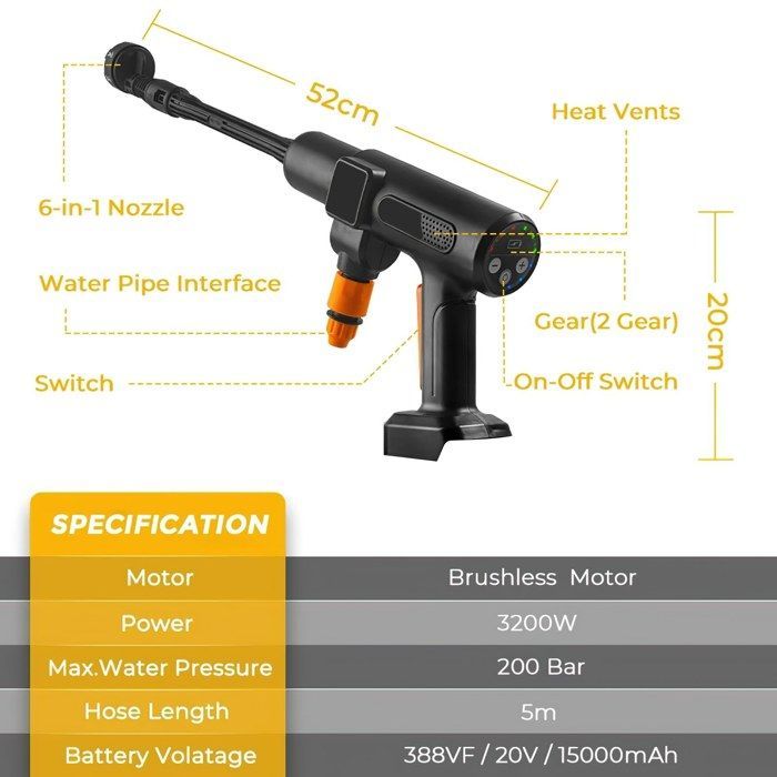 Nettoyeur Haute Pression sans Fil, Max 200 bar, avec 2 Batteries, Buse Pivotante 6 en 1 Et 180°, Tuyau De 5 M, Nettoyage Arrosage