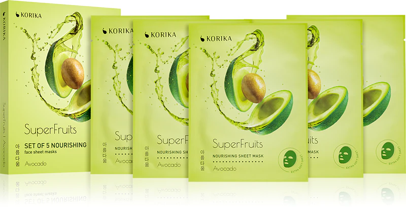 Conjunto de máscaras faciais nutritivas de abacate KORIKA SuperFruits com preço reduzido.