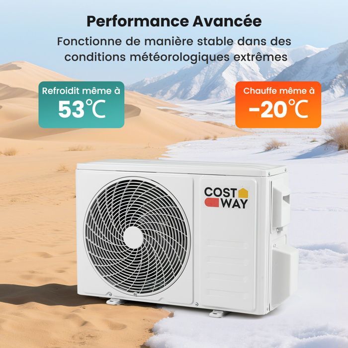 Aire acondicionado fijo mono-split Costway de 9000 BTU y 2,6 kW con refrigerante R32 - Calefacción de 16 a 31 °C - Bomba de calor - Kit de conexión completo de 4 m - Temporizador de 24 horas - A++