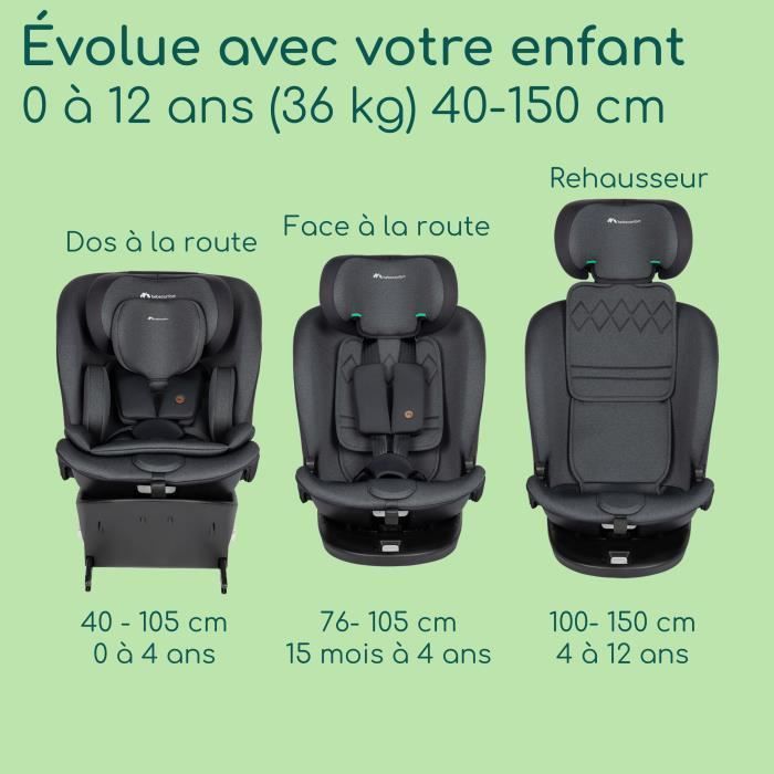 BEBECONFORT EVOLUFIX 360 i-Size konvertibelt svingbart bilsete - Gruppe 0/1/2/3, Isofix - 0 til 12 år (36 kg), 40-150 cm, Tonet svart