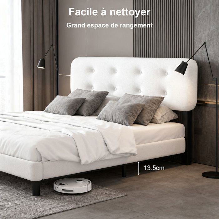 Lit - 160x200 cm - Tête de lit rembourrée Ajustable - Sommier à lattes - Double Support en Métal et Bois - Tissu cachemire blanc