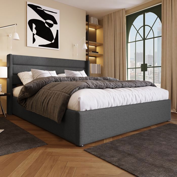 Cama doble grande con almacenamiento - MERAX - 180 x 200 cm - Tela de lino gris - Cama tapizada para adultos de 2 personas