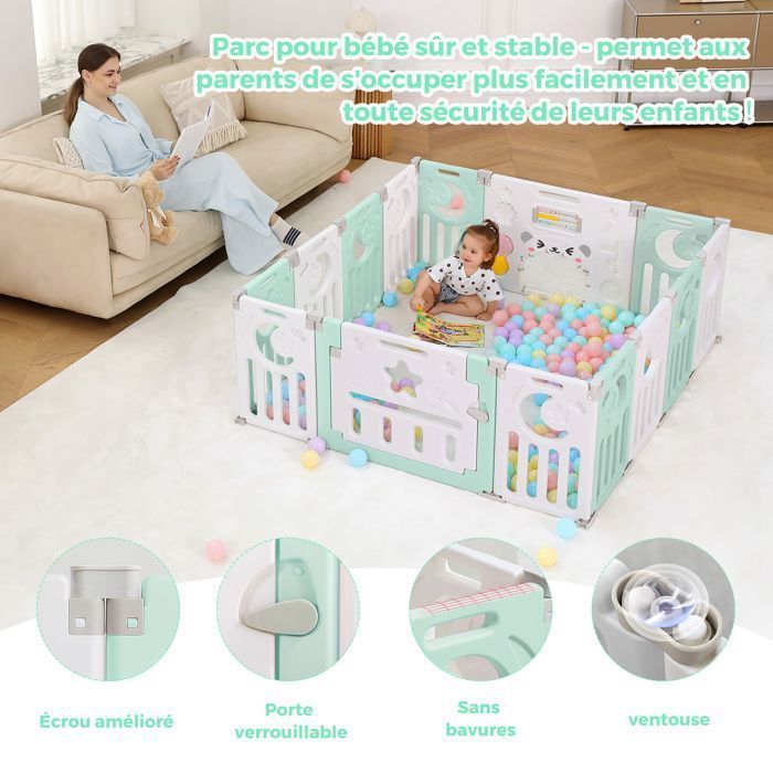 Baby Playpen 12+2 Panels, XL Modular Playpen with Safety Lock, Adjustable Shape, Foldable, Baby Gate, Green