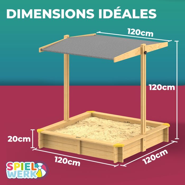 Spielwerk SAMU 120x120cm Spruce Wood Sandpit with Adjustable UV Protection Roof for Outdoor Children's Play in the Garden