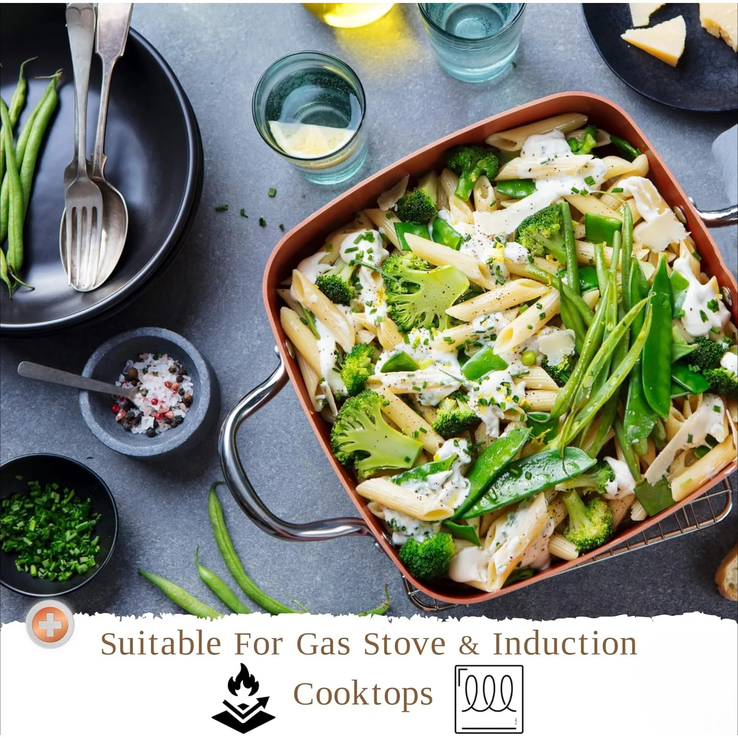 Ensemble de 7 pièces de casseroles et poêles en cuivre, batterie de cuisine antiadhésive Copper Chef, poêles carrées en cuivre, casserole ronde en cuivre et panier à friture