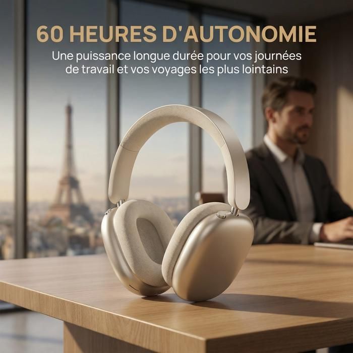 Cuffie wireless - FINGERTIME - Bluetooth 5.4 - Durata della batteria 80 ore - Cancellazione del rumore ANC - Comfort silenzioso - Oro champagne