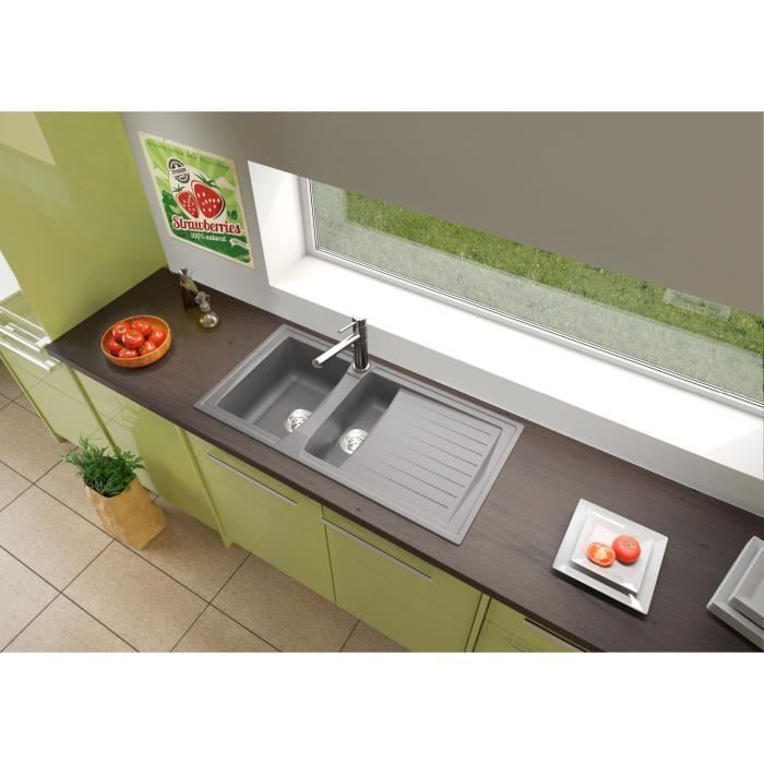 STRADOUR Evier cuisine à encastrer 1,5 bac + 1 égouttoir Arena - Résine - 100 x 50 cm - Gris béton