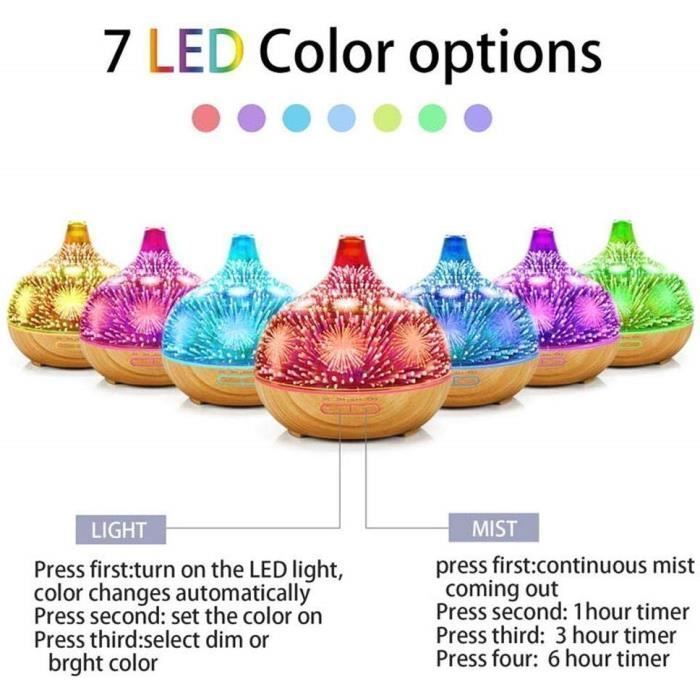Diffusore di oli essenziali da 400 ml, umidificatore d'aria in vetro 3D, diffusore di aromi a ultrasuoni con 7 colori LED per la casa.