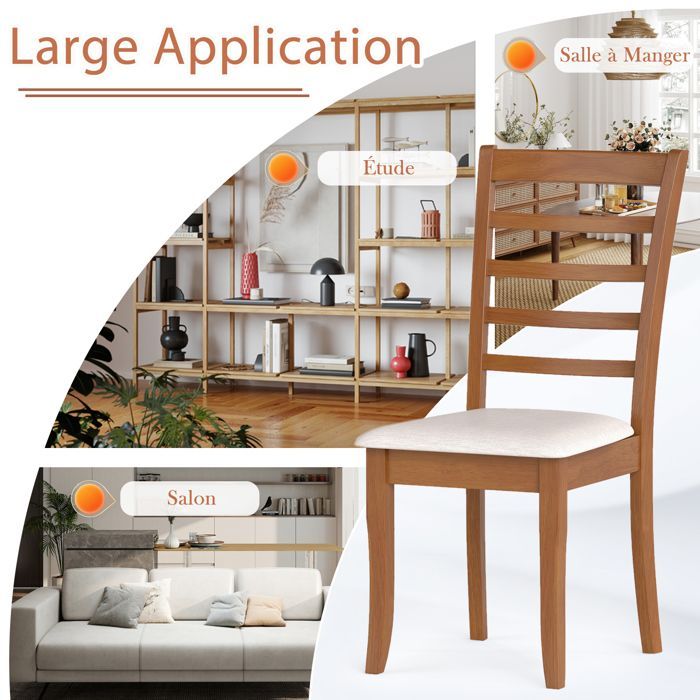 COSTWAY Set of 2 Hevea Wood Dining Chairs 44 x 56 x 96 cm - High Slatted Backrest - Seat 44 x 44.5 cm Upholstered Beige