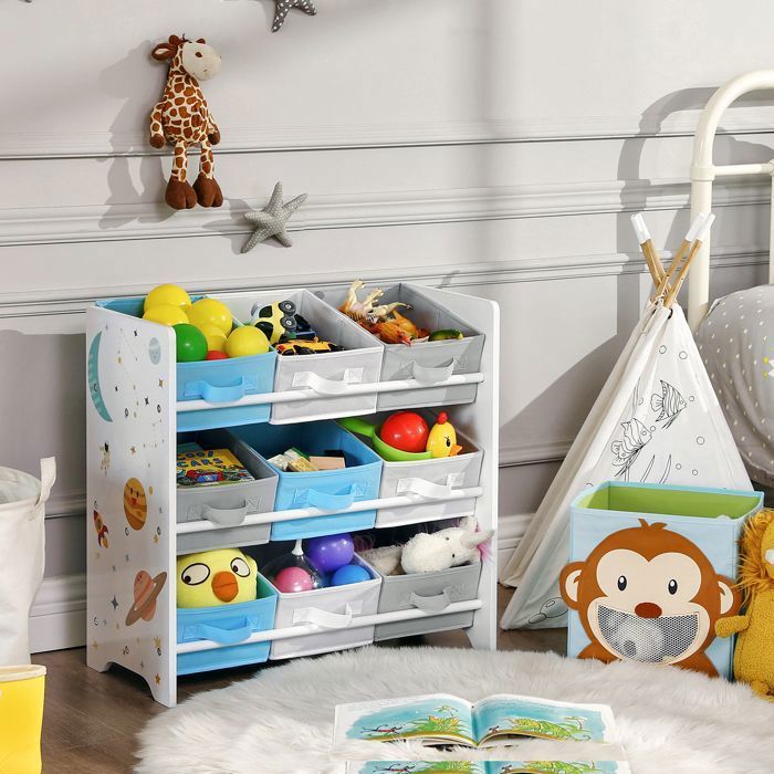 SONGMICS Kleine Opbergunit, 9 Uitneembare Bakjes van Non-woven Stof, voor Babykamer, 62,5 x 29,5 x 60 cm, Ruimtepatroon, Wit
