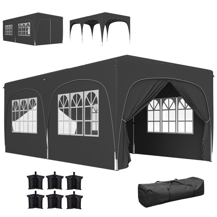 Cenador plegable emergente de 3 x 6 m - Outsunny - Altura ajustable - Bolsa de transporte y sacos de arena - Gris oscuro