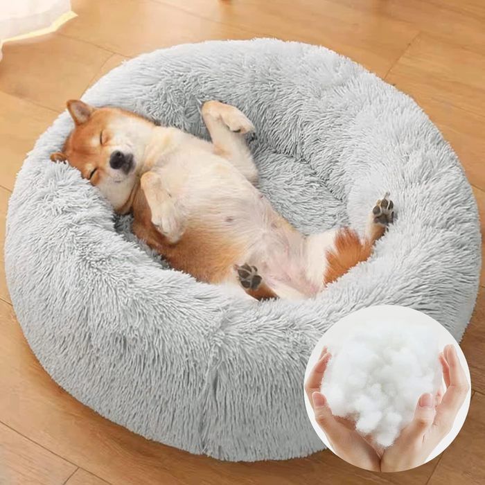Panier pour chat/chien - Chaud - 60 cm - Gris clair - Peluche - Cylindrique - Anti-Anxiété