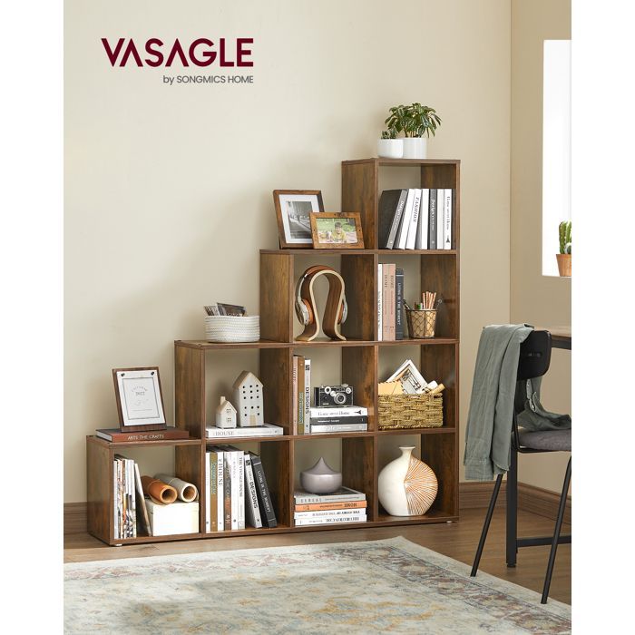 VASAGLE - Libreria per scale - Unità di contenimento a 10 scomparti - Marrone rustico LBC10BX