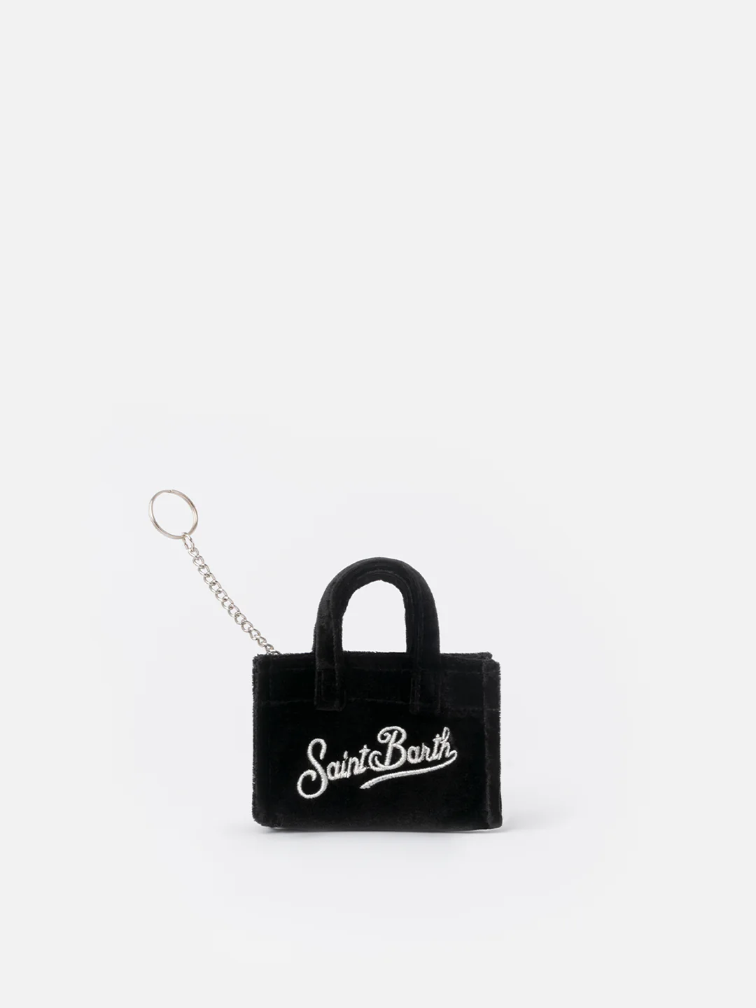 Sleutelhanger van zwart fluweel met geborduurd logo