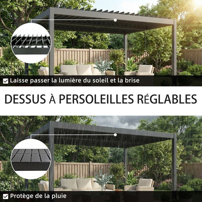 Pérgola bioclimática Outsunny - lamas ajustables, manivela - protección solar, impermeable - aluminio - 4x3m - gris oscuro