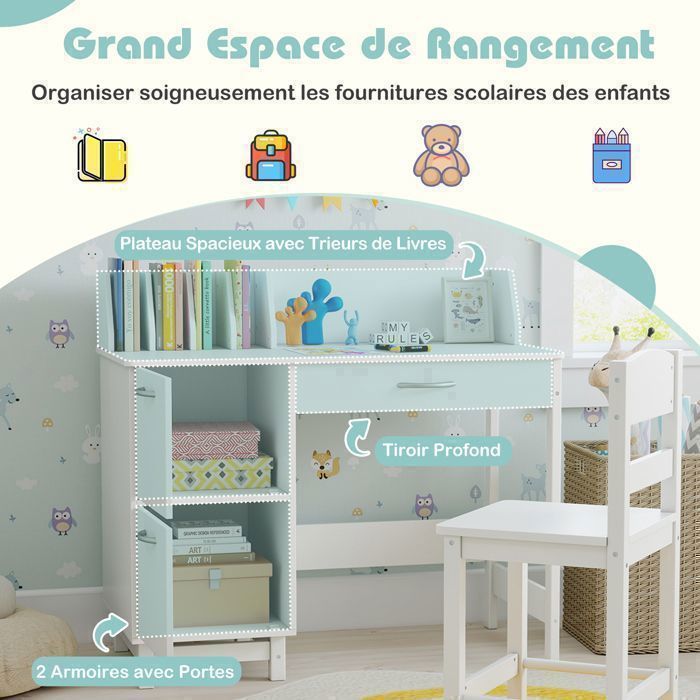 GOPLUS Bureau Enfant avec Chaise-90x45x81CM-1 Tiroir Coulissant+2 Portes+Bibliothèque Dessus-Blanc