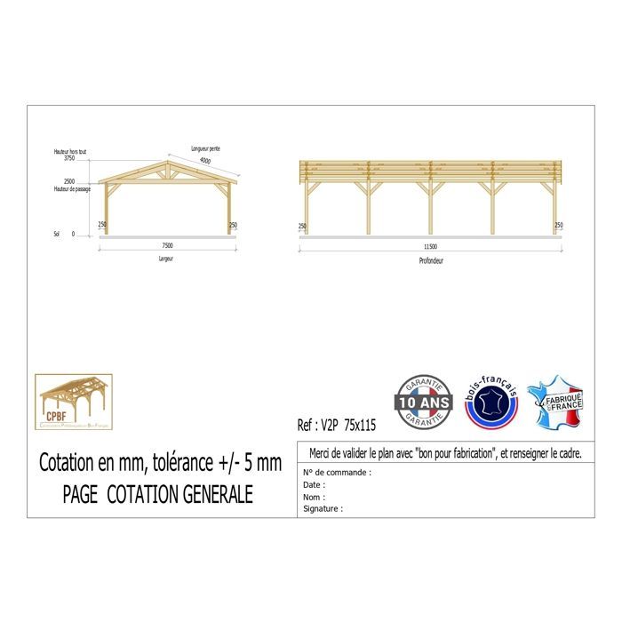 Carport Bois Douglas  taille 87 m² – 2 pentes – 10 poteaux – Abri voiture extérieur – Garantie 10 ans