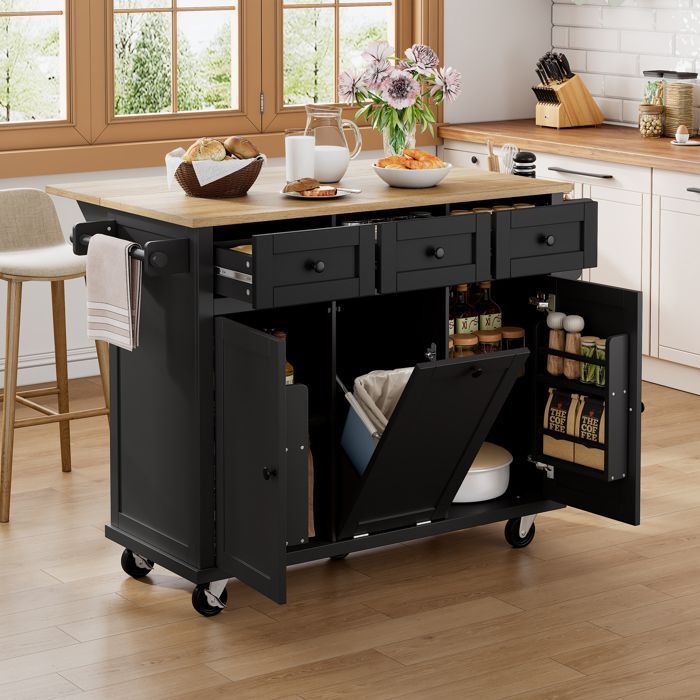 Isola da cucina su ruote, piano di lavoro pieghevole, credenza con pattumiera, tre ante e tre cassetti, 131,2×46,2×92,7 cm, nera.