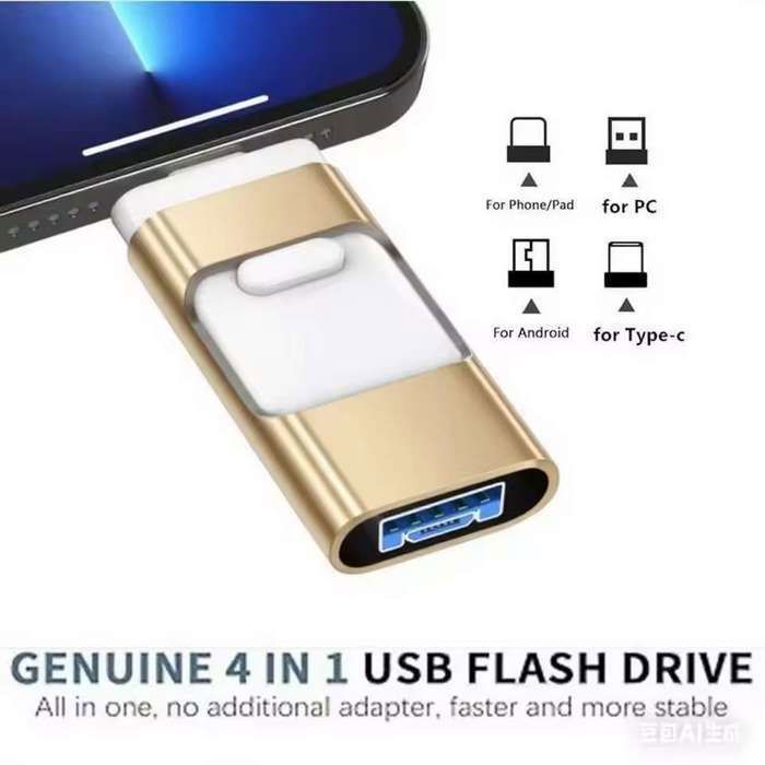 Pen drive USB 4 em 1 de 128 GB – Compatível com iPhone, iPad, Android e PC – USB 3.0 – Memória Flash