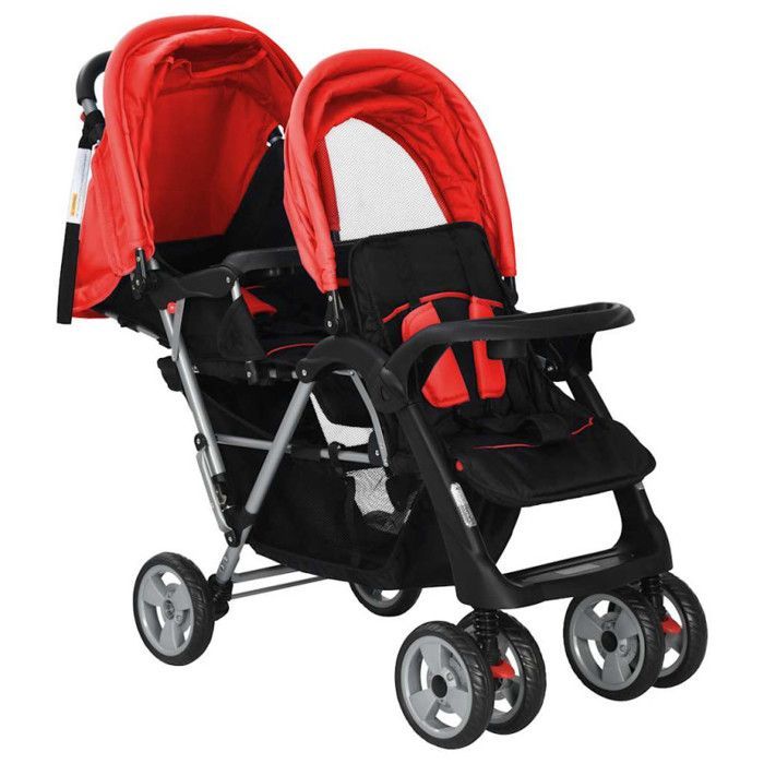 VIDAXL Double Stroller in Red and Black Steel - For Children 6 to 36 Months - Folding Canopies and Large Basket