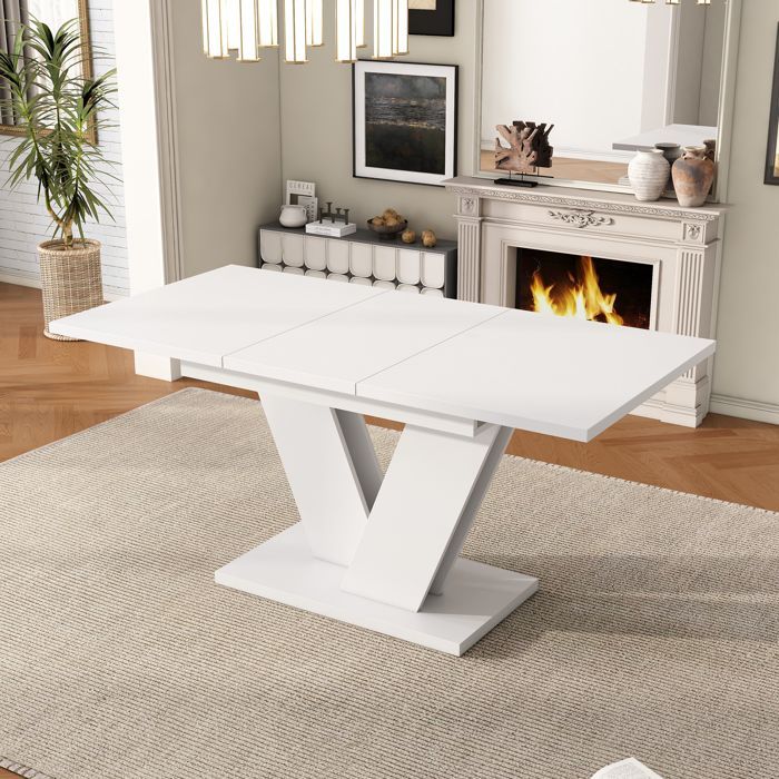 Mesa de comedor extensible de 120/160 x 80 x 75 cm, patas en forma de V, estilo sencillo, apta para 4 a 6 personas, color blanco.